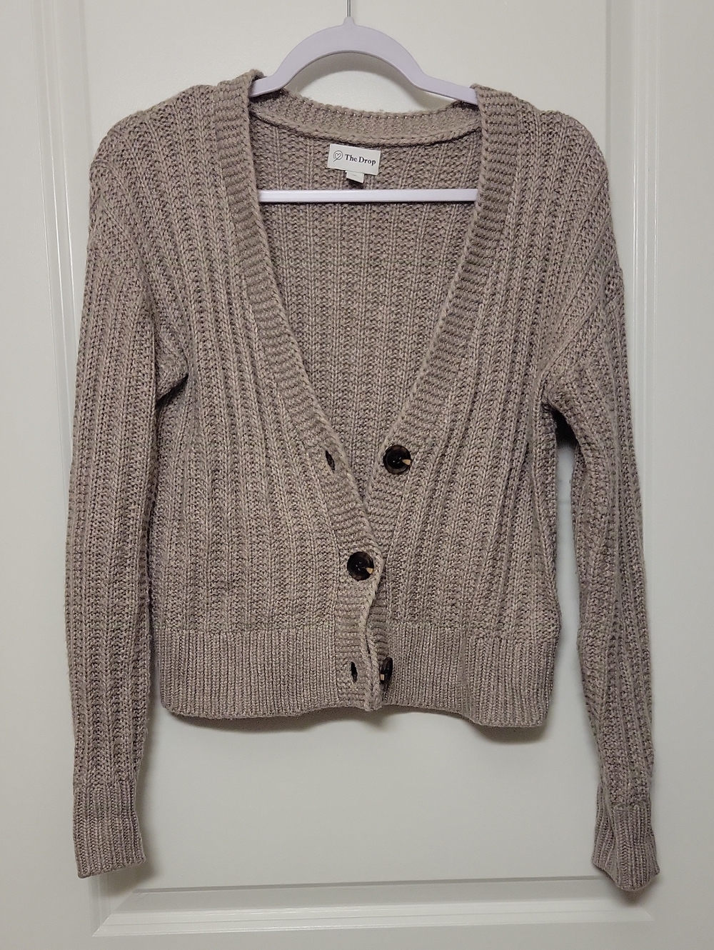 The Drop Taupe Ribbed Button-Front Cardigan Sweater
